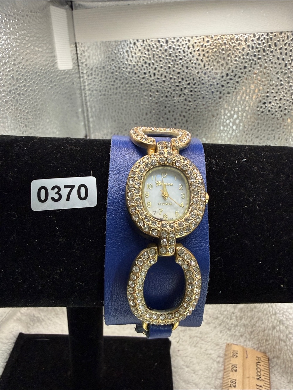 Geneva Gold toned Crystal Watch with Blue Wrap Strap